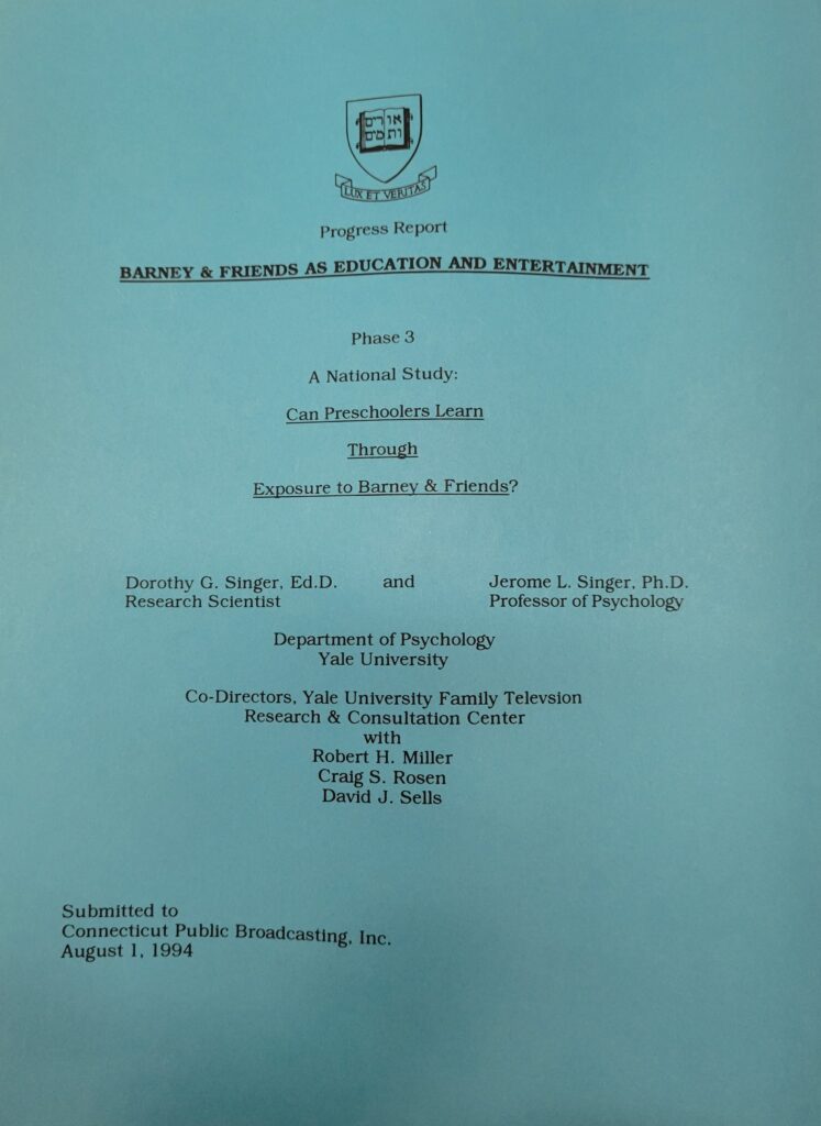 “Barney & Friends as Education and Entertainment, Phase 3, National Study: Can Preschoolers Learn through Exposure to Barney & Friends,” 1994. The Brian Sutton-Smith Library and Archives of Play at The Strong, Rochester, New York.