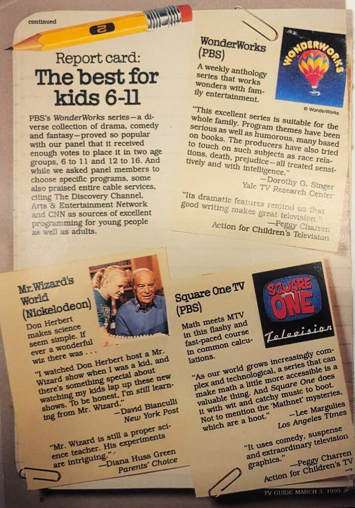 “Report Card: The Best for Kids 6-11” from “Parents’ Guide to Children’s Television” in TV Guide, March 3, 1990. The Brian Sutton-Smith Library and Archives of Play at The Strong, Rochester, New York.