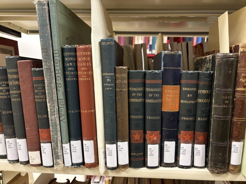 Foundations of Kindergarten Collection - This collection (one part of a much larger donation including specimen books and furniture) are all related to the development of kindergarten movement. This collection of texts reflects the emergence of the kindergarten approach to early-years education that may include singing, play, and drawing, as a transitional step toward more formal education in later years. Starting in Germany, the kindergarten idea grew internationally. Gift of Lawrence Benenson of materials originally collected by Norman Brosterman. The Brian Sutton-Smith Library and Archives of Play at The Strong, Rochester, New York.
