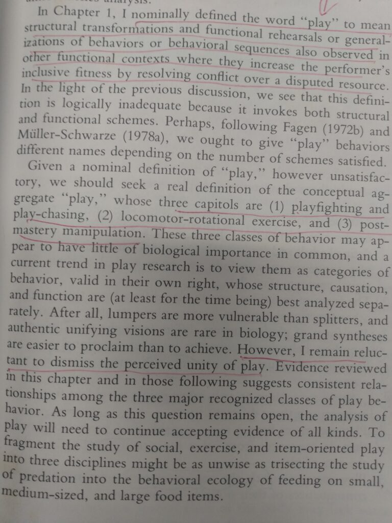 Underlining by Brian Sutton-Smith in Robert Fagen, Animal Play Behavior, 1981.The Brian Sutton-Smith Library and Archives of Play at The Strong, Rochester, New York.