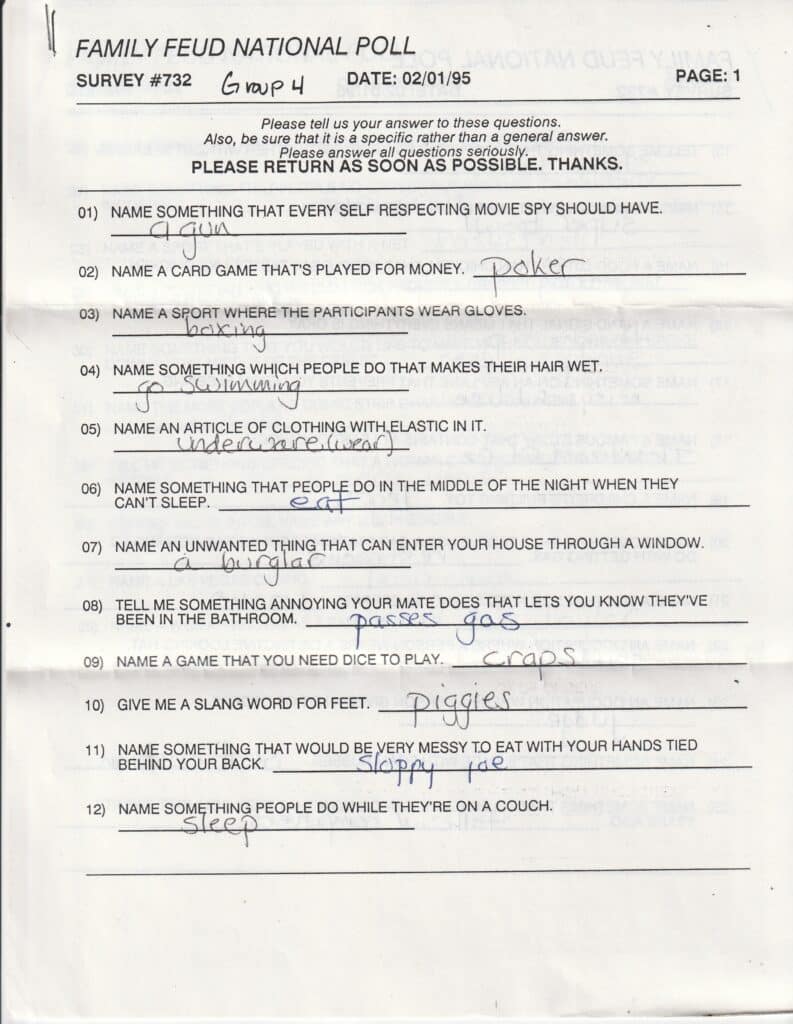 Sample survey page with questions and handwritten answers