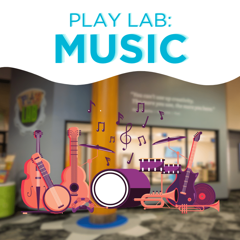 Photo of the play lab overlayed with musical instrument graphics