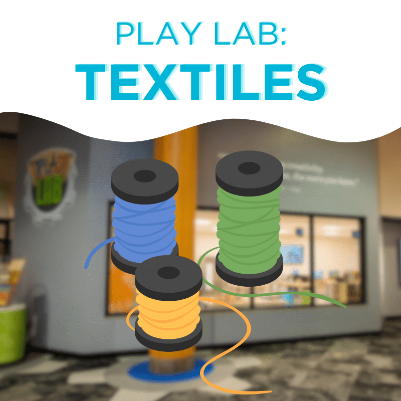 Photo of the Play Lab with "Play Lab: Textiles" and a photo of yarn overlayed