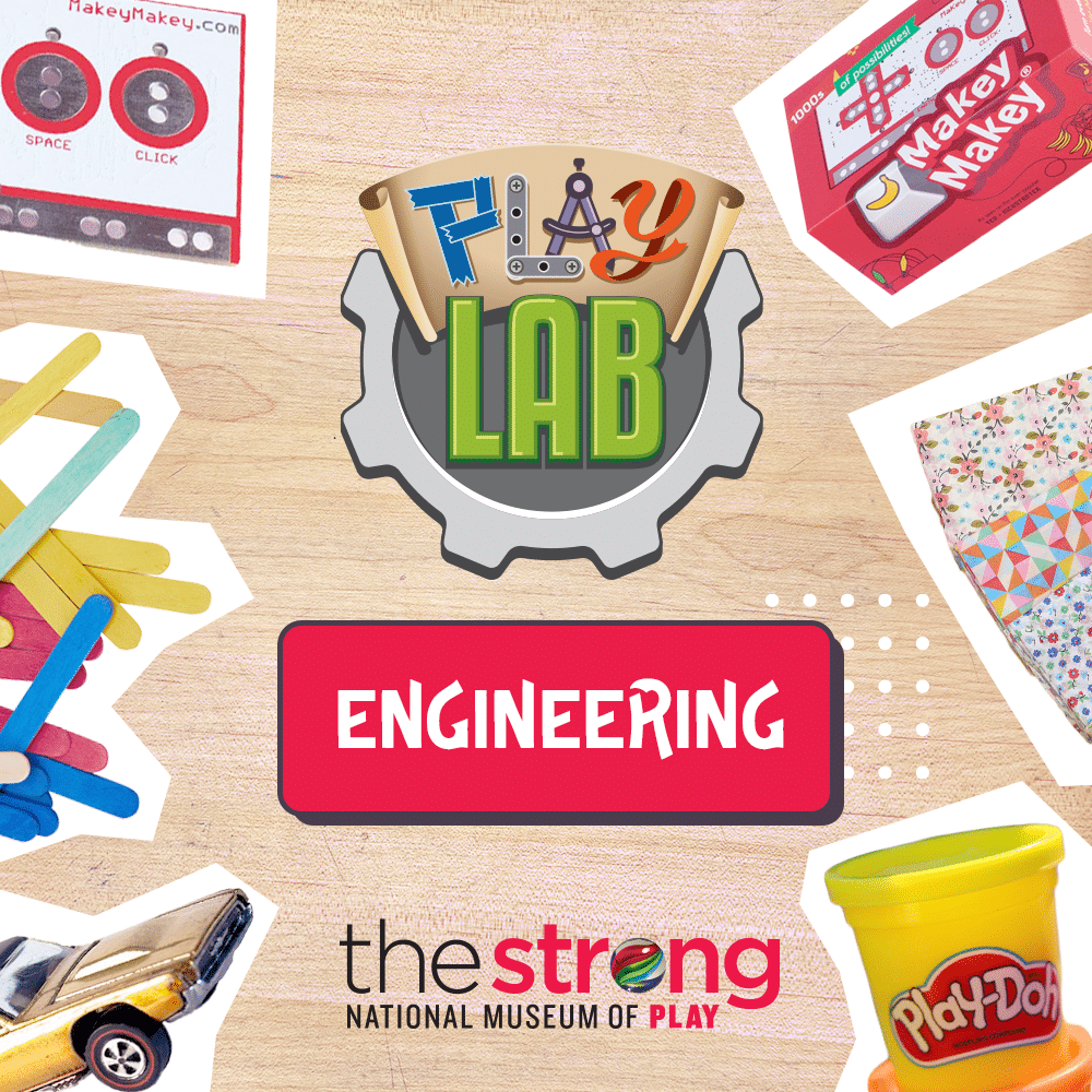 Graphic showing the Play Lab logo, the word engineering, and images of play-doh, matchbox car, and more items used.