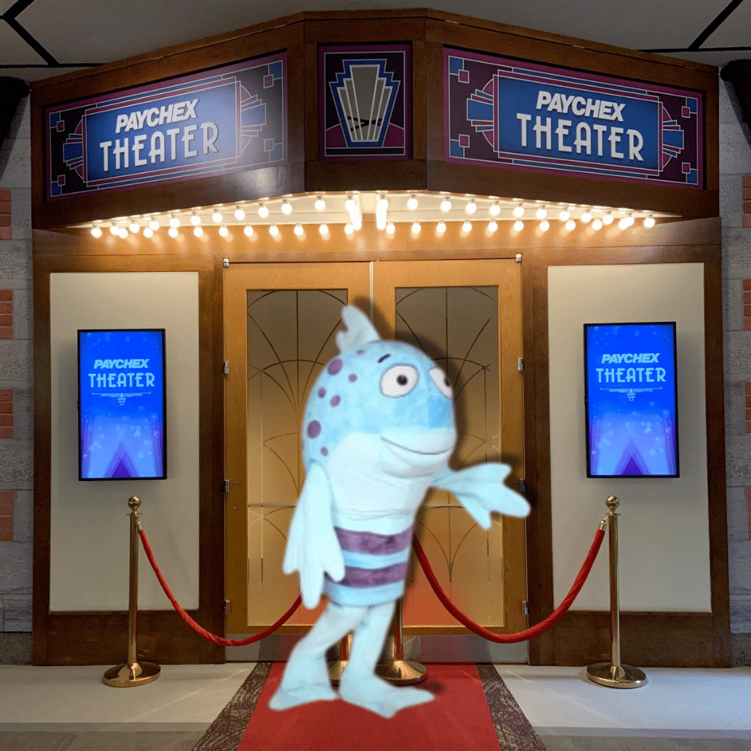 Pout Pout Fish in front of the Paychex Theater entrance