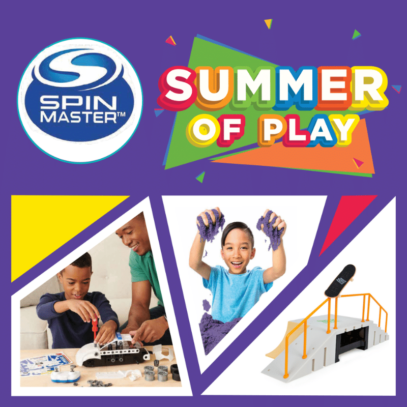 Graphic with Spin Master logo, text reading "Summer of Play" and images of Meccano, Kinetic Sand, and Tech Deck