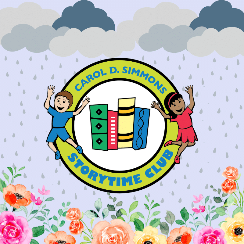 Storytime Club logo with rain falling on flowers in the background